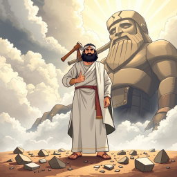 The illustration captures the prophet Ibrahim standing boldly in front of a massive idol, which has an axe casually draped over its shoulder