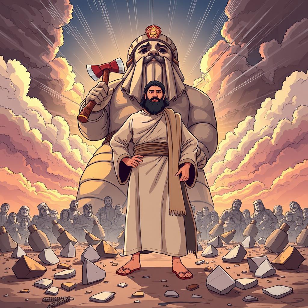 The illustration captures the prophet Ibrahim standing boldly in front of a massive idol, which has an axe casually draped over its shoulder