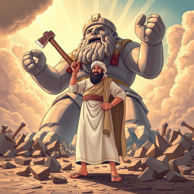 The illustration captures the prophet Ibrahim standing boldly in front of a massive idol, which has an axe casually draped over its shoulder