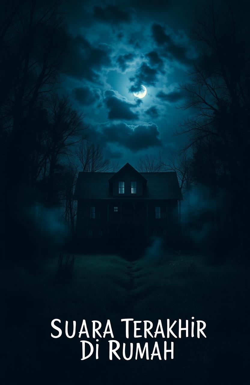 A mysterious and atmospheric book cover design for a novel titled 'Suara Terakhir Di Rumah', featuring a dimly lit abandoned house surrounded by an eerie forest at night