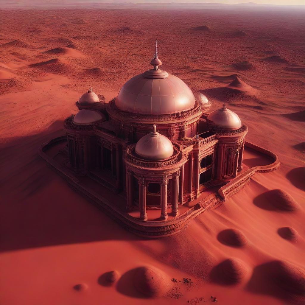 A drone's eye view of a lavish Victorian villa located on Mars, capturing the intricate architectural elements amidst alien red landscape, with a hint of endless Martian horizon at the distance.