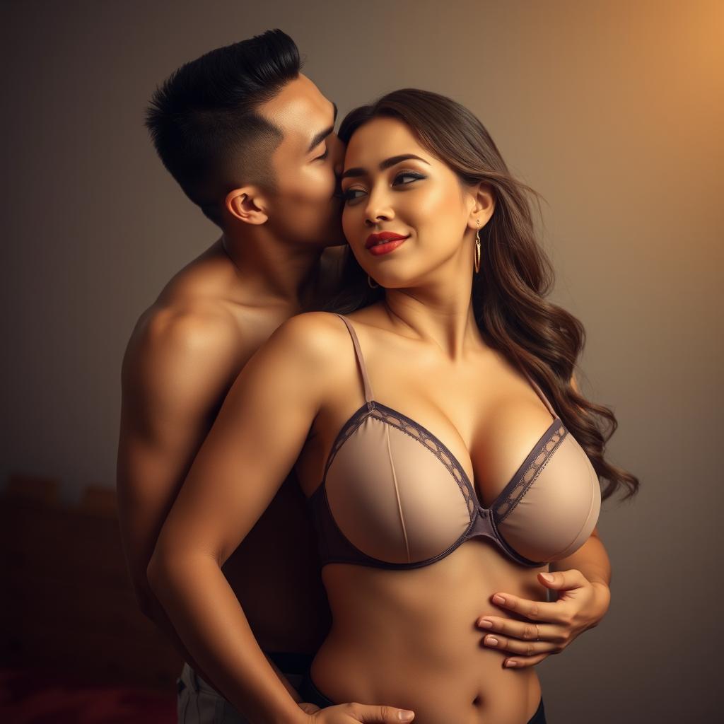 A romantic and passionate scene featuring a handsome 39-year-old Indonesian man with an athletic body and pure white skin, affectionately hugging a beautiful 28-year-old woman with a sturdy and sexy body from behind while standing