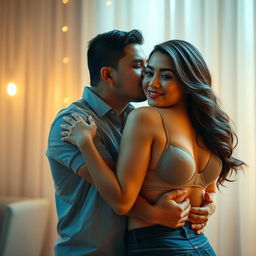 A romantic and passionate scene featuring a handsome 39-year-old Indonesian man with an athletic body and pure white skin, affectionately hugging a beautiful 28-year-old woman with a sturdy and sexy body from behind while standing