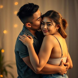 A romantic and passionate scene featuring a handsome 39-year-old Indonesian man with an athletic body and pure white skin, affectionately hugging a beautiful 28-year-old woman with a sturdy and sexy body from behind while standing