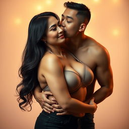 A romantic and passionate scene featuring a handsome 39-year-old Indonesian man with an athletic body and pure white skin, affectionately hugging a beautiful 28-year-old woman with a sturdy and sexy body from behind while standing
