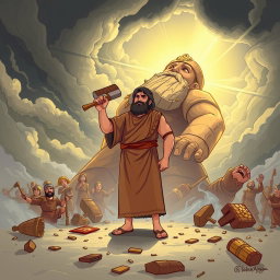 The illustration features the prophet Ibrahim standing heroically in front of a giant idol that has an axe resting casually on its shoulder