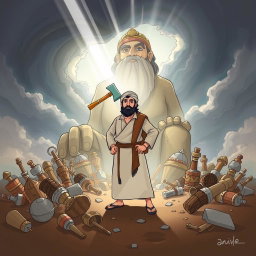 The illustration features the prophet Ibrahim standing heroically in front of a giant idol that has an axe resting casually on its shoulder
