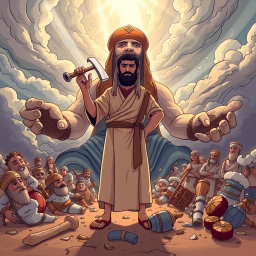 The illustration features the prophet Ibrahim standing heroically in front of a giant idol that has an axe resting casually on its shoulder
