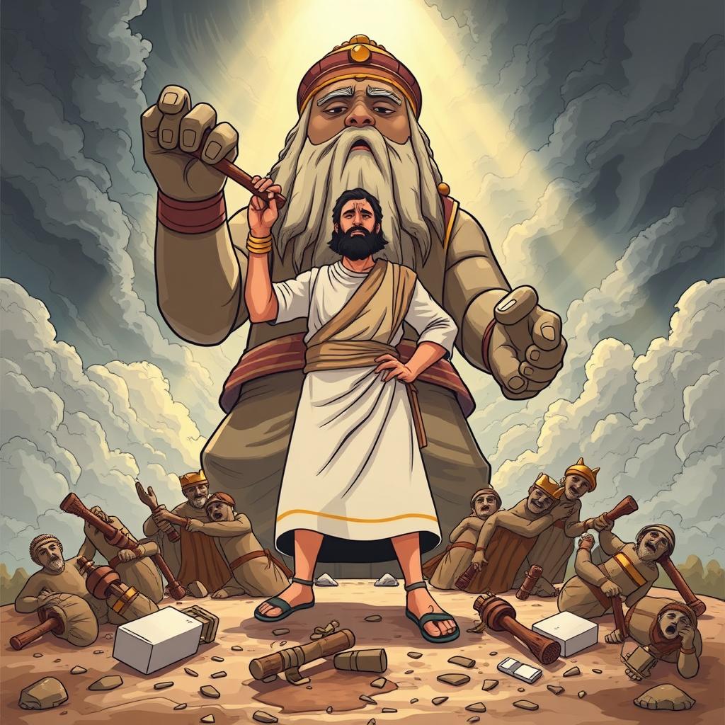 The illustration features the prophet Ibrahim standing heroically in front of a giant idol that has an axe resting casually on its shoulder