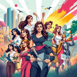 A powerful and eye-catching illustration depicting strong women in various empowering roles, showcasing their independence and resilience
