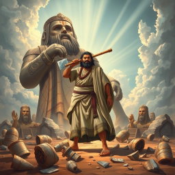 The illustration realistically depicts the prophet Ibrahim standing courageously in front of a massive idol, which has an axe resting on its shoulder