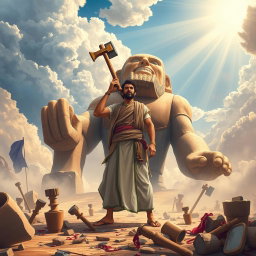 The illustration realistically depicts the prophet Ibrahim standing courageously in front of a massive idol, which has an axe resting on its shoulder