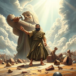 The illustration realistically depicts the prophet Ibrahim standing courageously in front of a massive idol, which has an axe resting on its shoulder