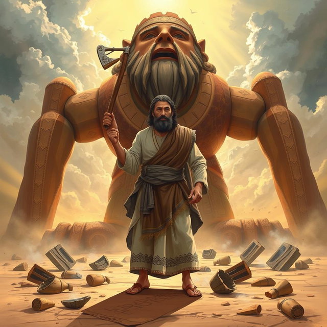 The illustration realistically depicts the prophet Ibrahim standing courageously in front of a massive idol, which has an axe resting on its shoulder