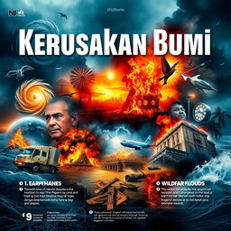 A visually striking poster about natural disasters titled "Kerusakan Bumi"