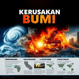 A visually striking poster about natural disasters titled "Kerusakan Bumi"