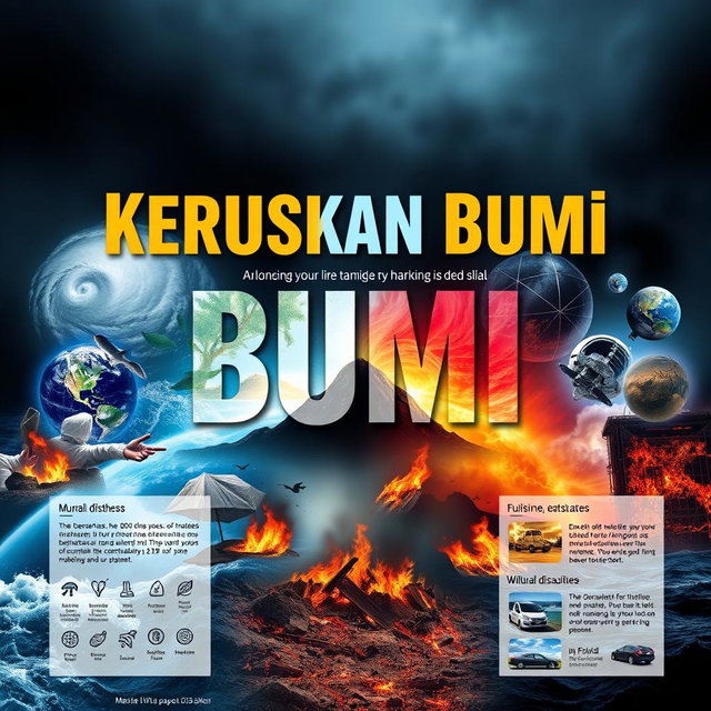 A visually striking poster about natural disasters titled "Kerusakan Bumi"