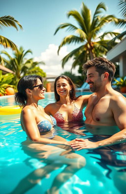 A vibrant, luxurious swimming pool scene during a sunny afternoon, where a liberal couple in their 30s, radiating confidence and modernity, engage playfully with two men they have just met