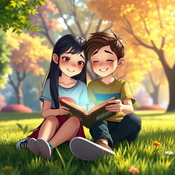 An animated scene featuring a 15-year-old girl with long black hair sitting alongside a peer, a young boy of similar age, both sitting on the grass and reading a book together