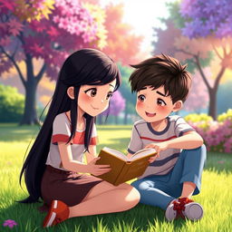 An animated scene featuring a 15-year-old girl with long black hair sitting alongside a peer, a young boy of similar age, both sitting on the grass and reading a book together