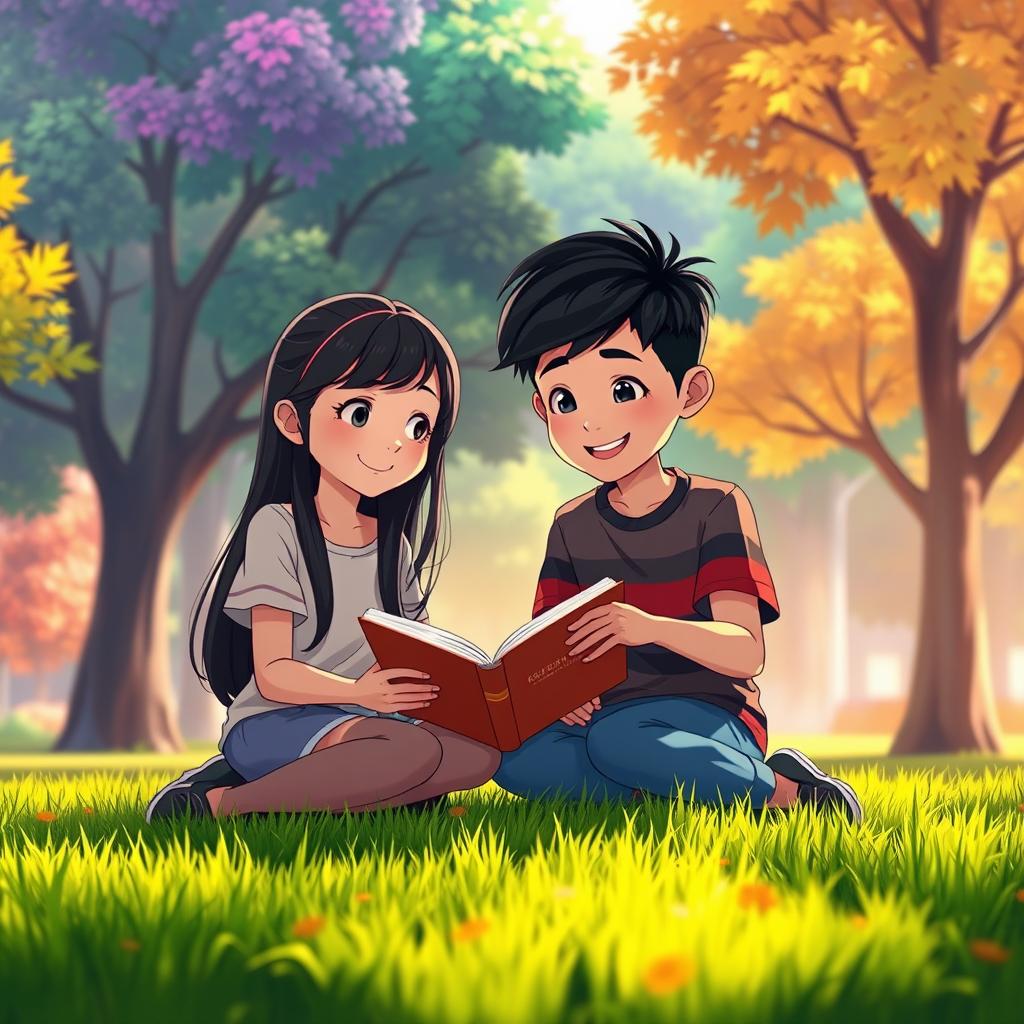 An animated scene featuring a 15-year-old girl with long black hair sitting alongside a peer, a young boy of similar age, both sitting on the grass and reading a book together