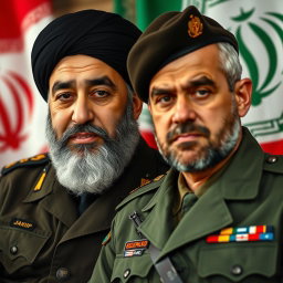 A close-up portrait of two prominent Middle Eastern leaders, Seyyed Hassan Nasrallah and Qassem Soleimani, both in military uniform