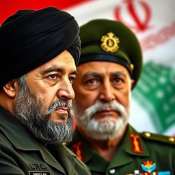 A close-up portrait of two prominent Middle Eastern leaders, Seyyed Hassan Nasrallah and Qassem Soleimani, both in military uniform