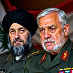 A close-up portrait of two prominent Middle Eastern leaders, Seyyed Hassan Nasrallah and Qassem Soleimani, both in military uniform