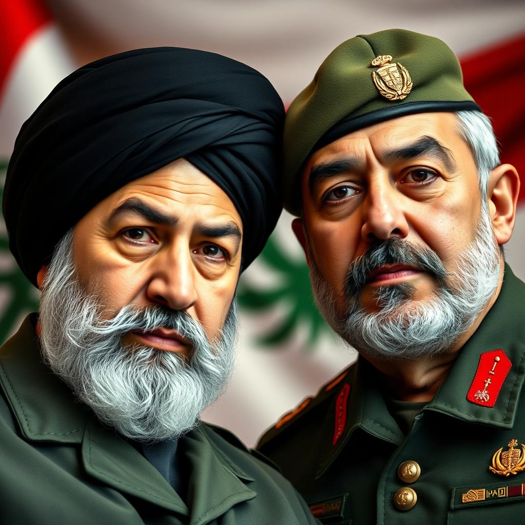 A close-up portrait of two prominent Middle Eastern leaders, Seyyed Hassan Nasrallah and Qassem Soleimani, both in military uniform