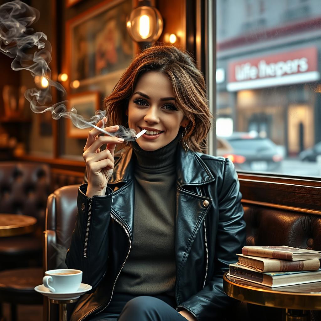 A stylish woman sitting in a cozy urban café, confidently exhaling smoke from a cigarette while performing playful tricks with it