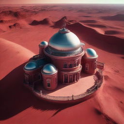 A drone's eye view of a lavish Victorian villa located on Mars, capturing the intricate architectural elements amidst alien red landscape, with a hint of endless Martian horizon at the distance.