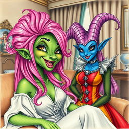 A whimsical scene featuring a woman with serpentine features, adorned with green scaly skin and a full head of long, vibrant pink hair