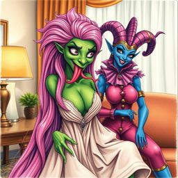 A whimsical scene featuring a woman with serpentine features, adorned with green scaly skin and a full head of long, vibrant pink hair