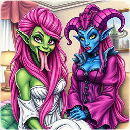 A whimsical scene featuring a woman with serpentine features, adorned with green scaly skin and a full head of long, vibrant pink hair