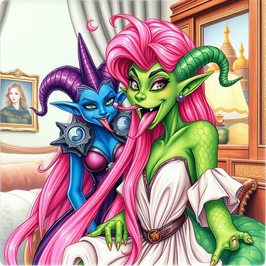 A whimsical scene featuring a woman with serpentine features, adorned with green scaly skin and a full head of long, vibrant pink hair