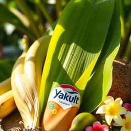 A close-up of a traditional Indonesian banana leaf wrapped in a beautiful and artistic manner, with a bottle of Yakult partially hidden beside it