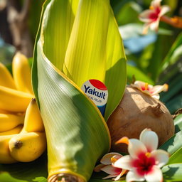 A close-up of a traditional Indonesian banana leaf wrapped in a beautiful and artistic manner, with a bottle of Yakult partially hidden beside it