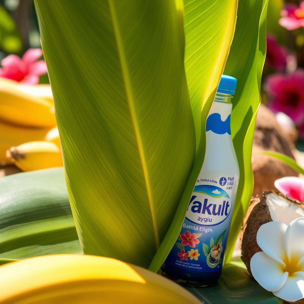 A close-up of a traditional Indonesian banana leaf wrapped in a beautiful and artistic manner, with a bottle of Yakult partially hidden beside it