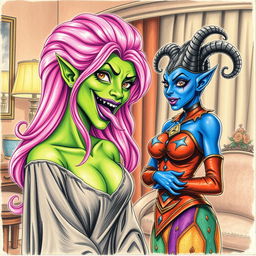 A captivating scene featuring a woman with serpentine features and green scaly skin