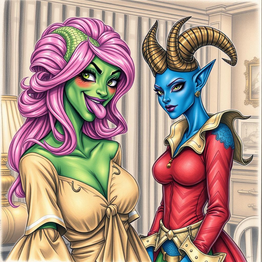 A captivating scene featuring a woman with serpentine features and green scaly skin