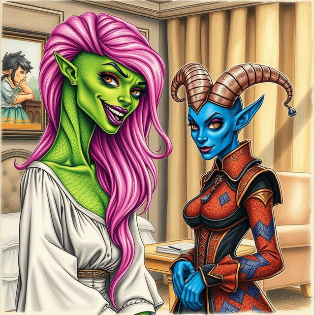 A captivating scene featuring a woman with serpentine features and green scaly skin