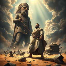 The artwork features the prophet Ibrahim standing defiantly in front of a towering idol, which has an axe resting nonchalantly on its shoulder