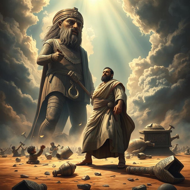 The artwork features the prophet Ibrahim standing defiantly in front of a towering idol, which has an axe resting nonchalantly on its shoulder