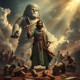 The artwork features the prophet Ibrahim standing defiantly in front of a towering idol, which has an axe resting nonchalantly on its shoulder