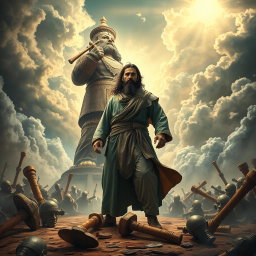 The artwork features the prophet Ibrahim standing defiantly in front of a towering idol, which has an axe resting nonchalantly on its shoulder