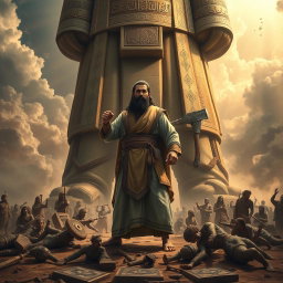 The artwork features the prophet Ibrahim standing defiantly in front of a towering idol, which has an axe resting nonchalantly on its shoulder