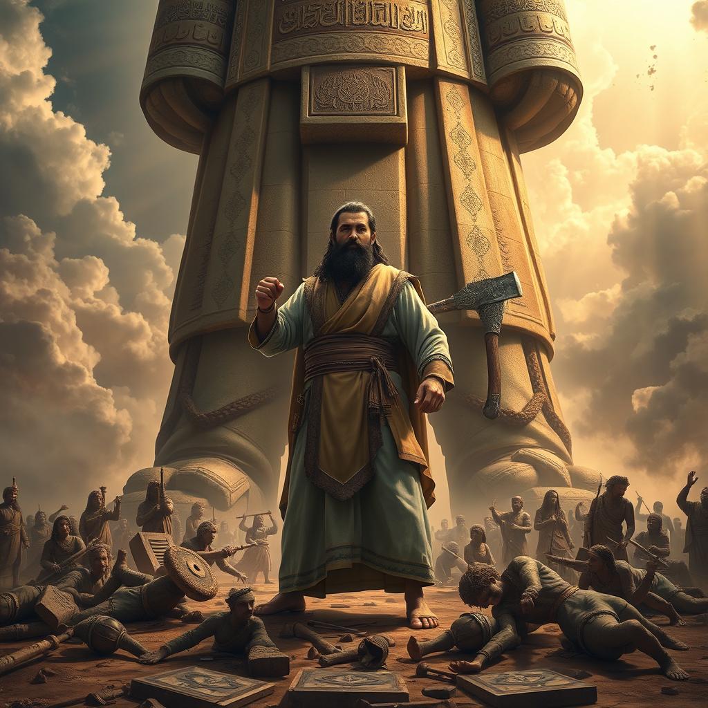 The artwork features the prophet Ibrahim standing defiantly in front of a towering idol, which has an axe resting nonchalantly on its shoulder