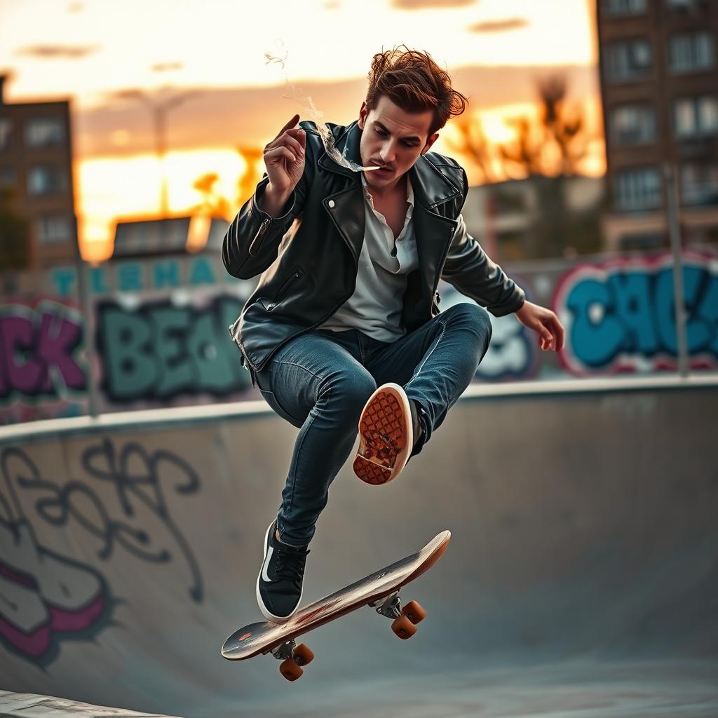 A cool, confident man in a stylish leather jacket, casually smoking a cigarette while performing impressive tricks with a skateboard in an urban skate park