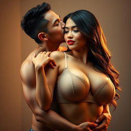 A passionate and intimate scene featuring a handsome 39-year-old Indonesian man with an athletic body and pure white skin, affectionately hugging a beautiful 28-year-old woman with a sturdy and sexy physique from behind while standing