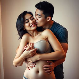 A passionate and intimate scene featuring a handsome 39-year-old Indonesian man with an athletic body and pure white skin, affectionately hugging a beautiful 28-year-old woman with a sturdy and sexy physique from behind while standing